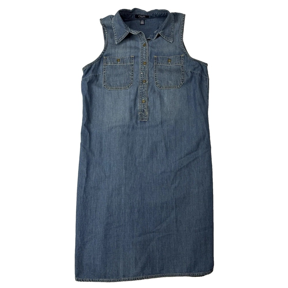 Chaps Women Medium Blue Denim Shirt Dress Collared Sleeveless Button Pockets